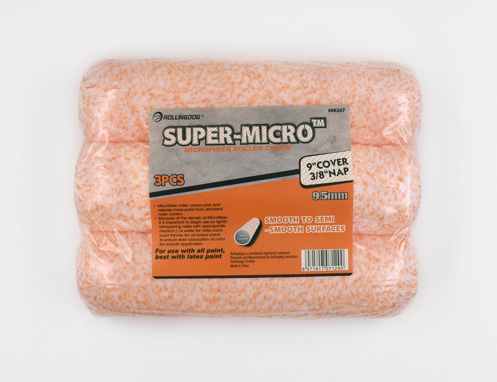 Набор валиков Rollingdog SUPER-MICRO 230мм, 3шт, ворс 9.5мм, для каркаса 38мм, микрофибра, арт.00247 - фото 5