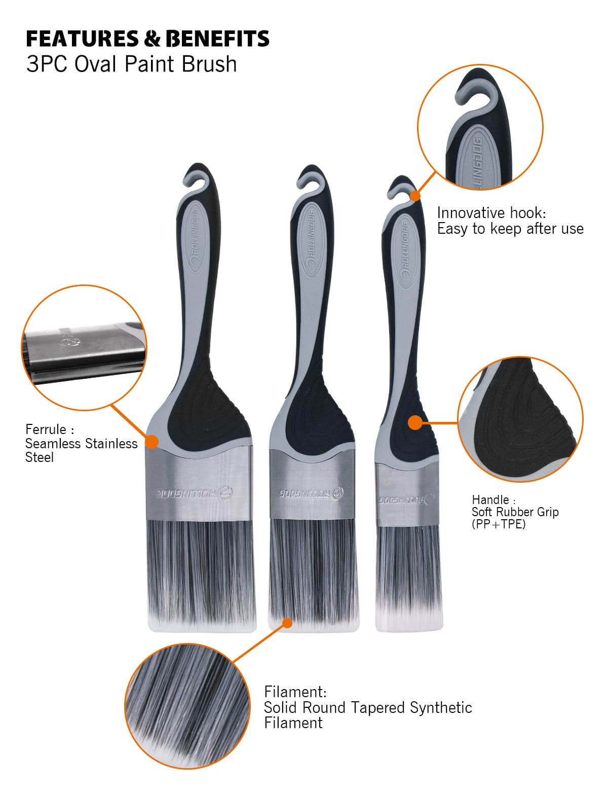 Набор кистей Rollingdog 37/50/62мм, синтетика серия Professional, арт.10545 - фото 9